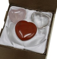 3er Set Edelstein Herzen im Geschenkset, Rosenquarz, Bergkristall und roter Jaspis
