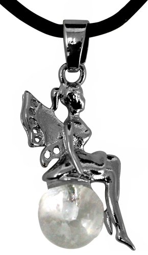 Anhänger kleine Fee mit Bergkristall Kugel, 3 cm mit Lederband