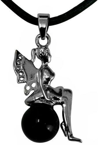 Anhänger kleine Fee mit Obsidian Kugel, 3 cm mit Lederband