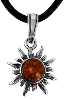 Bernstein Anhänger Sonne, klein, 925er Silber mit Lederband
