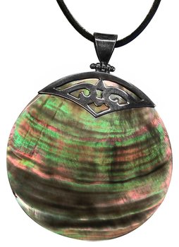 Muschel Anhänger, rund 5 cm, mit 925er Silberöse und Lederband