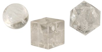 Hexaeder und Ikosaeder Würfel 3er Set Bergkristall platonische Körper Kugel